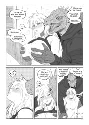 5_fingers anthro big_breasts breast_grab breasts clothed clothing comic dialogue dorohedoro duo english_text female female_penetrated fingers francis_xie greyscale hair hand_on_breast heart_symbol hi_res human human_on_anthro interspecies kaiman_(dorohedoro) lizard long_hair male male/female mammal monochrome nikaido_(dorohedoro) nipples nude orgasm penetration profanity raised_clothing raised_topwear reptile scalie sharp_teeth speech_bubble teeth text tongue topwear