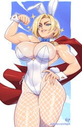1girls biceps blonde_hair blue_eyes bunny_ears bunnysuit cleavage clothed dc dc_comics female female_only fishnets flexing flexing_bicep kajinman karen_starr large_breasts long_fingernails long_nails muscular muscular_female nail_polish painted_fingernails painted_nails pale_skin power_girl revealing_clothes tan_body thick_thighs thin_waist tight_clothing wide_hips