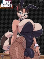 2026 3:4 absurd_res anthro artist_name balls_outline beat_banger bedroom_eyes big_breasts black_background black_bow_tie black_claws black_clothing black_finger_claws black_lipstick black_nose blue_eyes bottomwear bow_tie breasts brown_body brown_ears brown_fur brown_tail bulge bunfan_games bunny_costume canid canine checkered checkered_background claws clothed clothed_anthro clothed_gynomorph clothing costume curvy_figure detailed_bulge digital_media_(artwork) eyelashes fake_ears fake_rabbit_ears finger_claws fishnet_bottomwear fishnet_clothing fishnet_legwear front_view fur futa_only futanari gale_shinpen genital_outline grey_background gynomorph gynomorph_anthro half-closed_eyes hand_on_leg hand_on_own_leg hand_on_own_thigh hand_on_thigh hi_res huge_breasts intersex intersex_anthro legwear lidded_eyes lipstick looking_at_viewer makeup mammal markings multicolored_body multicolored_fur multicolored_tail narrowed_eyes navel_outline outline pattern_background penis_outline pink_inner_ear pupils raccoon_dog seductive sharp_teeth shirt_collar shirt_cuffs simple_background skay_smidyth_samuel smile smiling_at_viewer solo standing striped_markings striped_tail stripes tail tail_markings tail_tuft tan_body tan_fur tan_tail tanuki tanuki_girl teeth text tuft url voluptuous voluptuous_anthro voluptuous_gynomorph white_outline wide_hipped_anthro wide_hipped_gynomorph wide_hips
