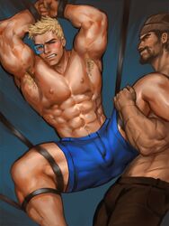 2boys abs bara blackwatch_reyes blush clenched_teeth dopq evil_grin leg_lift male_only multiple_boys muscle overwatch overwatch_2 overwatch_archives pecs reaper restrained soldier_76 strike_commander_morrison topless yaoi yy6242