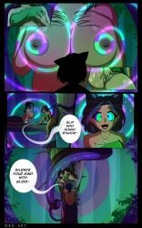 2025 4_panel_comic absurd_res animal_ears animal_humanoid apode bare_shoulders big_breasts black_border black_hair bodily_fluids border bottomwear breasts cat_humanoid clothed clothing clothing_aside clothing_lift comic dialogue divya_(lostjunglegirl) draconcopode duo english_text felid felid_humanoid feline feline_humanoid female fingering fondling genital_fluids genitals green_clothing green_topwear green_tube_top hair hand_on_breast heart_symbol hi_res humanoid hypnosis hypnotic_breasts jewelry lamia legless looking_at_breasts mammal mammal_humanoid masturbation mind_control motion_lines necklace night nipple_outline nipples orkart panties panties_aside plant ponytail purple_hair rear_view reptile ringed_eyes sahvi_(orkart) scalie self_fondle serpentine skirt skirt_lift snake split_form spread_legs spreading tail tailed_humanoid text titnosis topless topless_female topwear tree tube_top underwear underwear_aside vaginal vaginal_fingering vaginal_fluids vulva
