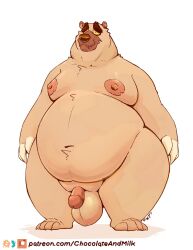 2025 anthro balls bear belly big_belly brown_eyebrows chocolateandmilk dated eyebrows front_view fur genitals hi_res looking_at_viewer male male_anthro mammal moobs mouth_closed narrowed_eyes nipples nude obese obese_anthro obese_male overweight overweight_anthro overweight_male penis pink_nipples pink_penis signature simple_background solo standing tan_balls tan_body tan_fur text url white_background wide_hips