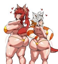 2girls ass ass_focus big_ass big_breasts bikini bottom_heavy breasts bubble_butt busty demenishki fat_ass female female_only gluteal_fold gold_bikini height_difference horns huge_ass huge_breasts indie_virtual_youtuber large_ass large_breasts looking_at_viewer looking_back makinakid smile swimsuit tail take_your_pick thick_ass thick_thighs thunder_thighs virtual_youtuber wide_hips zentreya zentreya_(dragon)