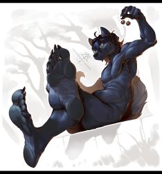 anthro canid canine canis cherry claws eyewear feet food foot_focus fruit fur glasses hair kredri male mammal nude paws plant smile soles solo tail toes wearing_glasses wolf