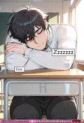 ai_generated comic comics comic_strip makima_(chainsaw_man) chainsaw_man 1boy solo male black_hair short_hair messy_hair white_shirt school_uniform shirt black_pants sleeping sleeping_on_desk zzz eyes_closed blush classroom school_desk indoors sunlight window light_rays sweat sweatdrop exhausted tired male_focus pov upper_body lower_body english_text speech_bubble text dialogue nsfw meowllete
