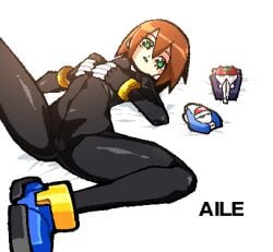 liverobo aile brown_hair 1girls mega_man mega_man_zx bodysuit breasts medium_breasts tight_bodysuit low-angle_view
