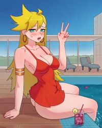 1girls panty_&_stocking_with_garterbelt panty_anarchy blonde_hair hair long_hair haolksou earrings ear_piercing hoop_earrings blush blue_eyes peace_sign sweat sweatdrop arm_strap armwear red_nails red_nail_polish nails nail_polish medium_breasts breasts cleavage red_dress dress clothing poolside pool panties panties_removed drink ass thighs sitting solo solo_female female female_only