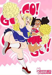 2girls african african_female ass ayana_(mermaid_kunoichi) big_ass big_breasts black_hair blonde_hair breasts brown_eyes cheering cheerleader cheerleader_costume cheerleader_outfit cheerleader_uniform chocolate_and_vanilla cleavage dark-skinned_female dark_skin fairy_tail female female_only full_body light-skinned_female light_skin looking_at_viewer looking_back lucy_heartfilia midriff moisesgrafic older_female_and_younger_female original_character panties pantyshot pigtails pom_poms smile smiling smiling_at_viewer thick_ass thick_thighs twintails white_panties