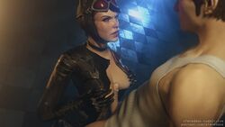 1boy 1girls 2016 3d animated batman:_arkham_knight batman_(series) bodysuit breasts catwoman dc dc_comics erection eyebrows eyelashes female goggles goggles_on_head green_eyes hand lipstick male medium_breasts mp4 nipples no_sound nose open_clothes paizuri penis pink_lipstick reddoe selina_kyle shiny shiny_skin source_filmmaker video