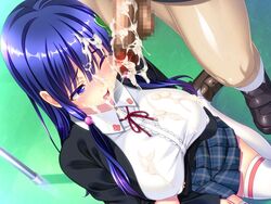 blue_hair breasts censored cum cum_in_mouth cum_on_body cum_on_breasts cum_on_clothes cum_on_hair cum_on_upper_body facial large_breasts long_hair netorarenai_aisuru_kanojo_ga_musunda_midara_na_keiyaku penis sanagi_torajirou testicles