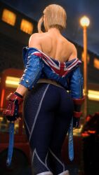 cammy_white street_fighter street_fighter_6 1girls 3d 1girl female gloves jacket blonde_hair fingerless_gloves ass pants clothing short_hair blue_jacket solo back lamppost motor_vehicle off_shoulder from_behind median_furrow tight_pants bare_shoulders black_gloves cropped_jacket blurry_background outdoors night scar car scar_on_cheek tight_clothes yoga_pants leggings open_clothes scar_on_face black_pants belt standing asymmetrical_gloves facing_away open_jacket spandex