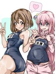 2girls ass blue_eyes blush bocchi_the_rock! breasts brown_eyes brown_hair cleavage commentary_request cube_hair_ornament double_v gotou_hitori hair_ornament highres jacket k-on! long_hair long_sleeves looking_at_viewer multiple_girls one-piece_swimsuit open_mouth pants pink_hair pink_jacket sezon short_hair sweatpants swimsuit track_jacket v yui_hirasawa_(k-on!)