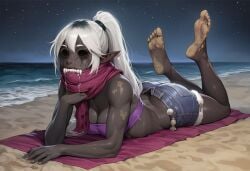 paigen ai_generated original original_character avril_(paigen) monster_girl horror horror_(theme) 1girls female breasts drow dark_elf elf white_hair long_hair undead vampire vampire_girl hollow_eyes empty_eyes no_eyes dark_skin clothed belt scarf medium_breasts toned_body toned_female muscles sharp_teeth fangs vampire_fangs ponytail pointy_ears saliva drool drooling beach sand water ocean clothing clothes bikini swimsuit shorts denim_shorts daisy_dukes towel
