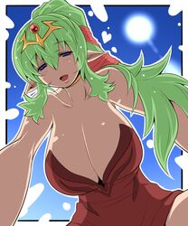 bad_censor bare_shoulders blue_eyes breasts censored cleavage covered_nipples covering dress female fire_emblem fire_emblem_awakening from_below green_hair hair_ornament huge_breasts kara_age long_hair long_ponytail manakete nintendo open_mouth pointy_ears ponytail sky smile solo sun tied_hair tiki_(adult)_(fire_emblem) tiki_(fire_emblem)