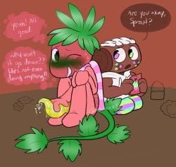 age_difference blush blushing_profusely chimeracocks clothed cosmo_(dandy's_world) cupcake dandy's_world guilty living_food living_fruit on_phone phone scarf_only sitting_together sprout_(dandy's_world) tapering_penis unusual_genitalia unwanted_erection