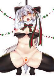1girls black_gloves black_legwear blush breasts capelet censored fate/grand_order fate_(series) female gloves heart heart-shaped_pupils helmet holding holding_weapon jeanne_alter jeanne_d'arc_(alter_santa_lily) looking_at_viewer navel nipples novelty_censor open_mouth osiimi polearm pussy pussy_juice saliva solo spear squatting symbol-shaped_pupils teeth thighhighs tiptoes tongue tongue_out weapon
