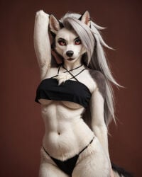 1girls ai_generated anthro arms_behind_back big_boobs big_breasts boobs breasts canine chest_tuft crop_top ear_piercing female female_only furry furry_female furry_only half_naked hellhound helluva_boss long_hair loona_(helluva_boss) piercing realistic red_eyes seductive simple_background solo tagme tits underboob unknown_artist vivziepop white_body white_fur white_hair wolf