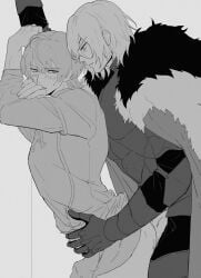 2boys absurdres anal arm_up armor arms_up ass biting_own_hand blush breastplate cape commentary_request dimitri_alexandre_blaiddyd dimitri_alexandre_blaiddyd_(timeskip) fire_emblem fire_emblem:_three_houses from_side fur-trimmed_cape fur_trim gauntlets greyscale hair_behind_ear highres long_sleeves looking_back male_byleth_(fire_emblem) male_focus male_penetrated mokuu4425 monochrome multiple_boys parted_bangs profile selfcest sex sweat wolf_cut yaoi
