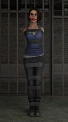 1girls 3d arms_behind_back ball_gag belt belt_bondage belts blue_shirt bondage bondage bound bound_ankles bound_arms bound_legs brown_hair brown_hair female female femsub gag gagged girl helpless jeans jill_valentine kidnapped prisoner resident_evil_3 resident_evil_3_remake restrained rindekey slave slavegirl standing tied_arms tied_legs video_games