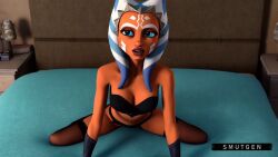 ahsoka_tano ai_generated alien_girl clone_wars eye_contact full_lips kneeling lingerie looking_at_viewer nylons on_bed on_hands_and_knees orange_skin smutgen star_wars thighhighs togruta