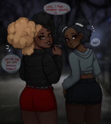 2girls artist_name black_hair blonde_hair dark-skinned_female dark-skinned_male dark_skin dialogue female female_only imminent_sex kuma_(kumasncreme) kumasncreme lipgloss looking_back maeve_(ozholewd) midriff original original_character original_characters tagme two_tone_hair