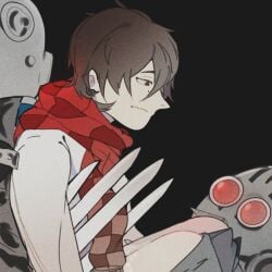 1boy bodily_fluids brown_eyes brown_hair imagin kamen_rider kamen_rider_den-o kamen_rider_den-o_(series) male_focus mole monster_on_human monster_on_male offscreen_sex pulled_down_pants red_eyes red_scarf ryotaro_nogami scarf sharp_claws simple_background white_shirt