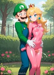 1boy 1girls ai_generated bondage_harness cum cumshot female from_behind handsfree_ejaculation latex luigi male male/female mario_(series) nintendo penis pink_outfit pinkabiart princess princess_peach royalty thigh_sex uncensored