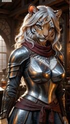 ai_generated animal_ears anthro armor artist_name breasts female female_anthro furry furry_female hi_res high_resolution highres indoors long_hair looking_at_viewer photorealistic realistic solo stable_diffusion tiger_ears twitter twitter_username watermark white_hair yiffyjiffy2 yiffyjiffy69