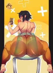 1girls ass barefoot big_ass big_hero_6 black_hair bottom_heavy breasts bubble_butt bubble_gum cellphone dat_ass fat_ass female female_only gogo_tomago huge_ass large_ass looking_at_viewer looking_back marvel marvel_comics massive_ass mrdeathcat pants phone purple_highlights see-through_chair selfie short_hair sitting sitting_on_chair solo thick_ass thick_thighs topless wide_hips