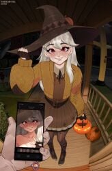 cute cute_face fortnite fortnite:_battle_royale fully_clothed halloween halloween_costume halloween_decoration halloween_theme lexa_(fortnite) lexa_hexbringer_(fortnite) light-skinned_female light_skin lilatole looking_at_viewer no_nudity petite petite_body petite_female petite_girl phone phone_screen photo_comparison red_eyes safe_for_work sfw small_breasts trick_or_treat trick_or_treating white_hair witch witch_costume witch_hat