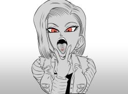 1girls android_18 dragon_ball dragon_ball_z female female_focus female_only funsexydragonball looking_at_viewer offering offering_to_viewer open_mouth solo solo_female solo_focus tongue_piercing