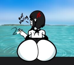 2024 annoyed bikini black_hair cigarette dominic02070x fanart goth goth_girl huge_ass looking_back_at_viewer veronica_(saltynoodles) water white_skin