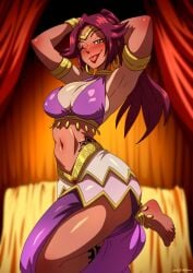 1girls amber_eyes barefoot belly_dancer belly_dancer_outfit bleach dark-skinned_female harem_girl harem_outfit huge_breasts long_hair ono-fire purple_hair shihouin_yoruichi standing_on_one_leg tattoo wink