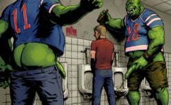 3boys ass balls bathroom belly beverage biceps big_penis blush cureboltium hairy human humanoid male male_only mammal muscular nervous orc peeing penis presenting public_restroom slightly_chubby uncut urinal urine