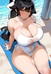 1girls ai_generated animal_ears artstyle_imitation azur_lane beach black_hair breasts female floox high_resolution huge_breasts kemonomimi large_breasts light-skinned_female light_skin long_hair outdoors stable_diffusion takao_(azur_lane) thiccwithaq_(ai_style) yellow_eyes