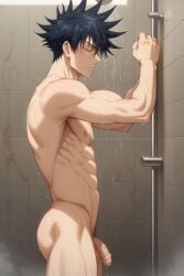 1boy abs ai_generated another_megumi ass bangs bara black_hair blush closed_eyes closed_mouth completely_nude erection flaccid fushiguro_megumi jujutsu_kaisen male_focus male_pubic_hair muscular muscular_male navel nipples nude pectorals penis pubic_hair short_hair shower_(place) shower_head showering solo spiked_hair testicles thighs uncensored wet