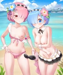 2girls absurdres ascot asymmetrical_bikini beach bikini bikini_pull bikini_skirt black_bikini blue_eyes blue_flower blue_hair blue_sky blush breasts cleavage clothes_pull cloud cloudy_sky cowboy_shot detached_collar flower front-tie_bikini_top front-tie_top gem gplnbeat hair_flower hair_ornament hair_over_one_eye hair_ribbon hair_slicked_back hand_on_own_hip headband highres holding_own_arm horizon layered_bikini looking_down maid medium_breasts multiple_girls navel nipples ocean open_mouth pink_bikini pink_flower pink_hair princess_connect! purple_gemstone purple_ribbon pussy ram_(re:zero) re:zero_kara_hajimeru_isekai_seikatsu red_eyes rem_(re:zero) ribbon short_hair siblings sky small_breasts striped_bikini striped_clothes swimsuit topless twins uncensored vertical-striped_bikini vertical-striped_clothes wardrobe_malfunction white_ascot white_wrist_cuffs wrist_cuffs x_hair_ornament