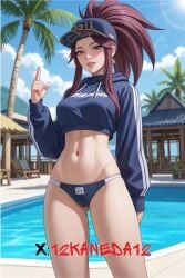 ai_generated akali clothed k/da_akali k/da_series poolside smiling_at_viewer watermark