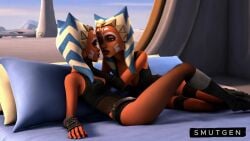 ahsoka_tano ai_generated alien_girl animated cleavage clone clone_wars eye_contact gloves kissing kneehighs lingerie making_out midriff no_sound nylons on_bed orange_skin perky_breasts selfcest sisters smutgen star_wars tagme togruta twincest twins video yuri