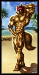 1boy 2016 abs anthro arm_over_head balls beach biceps big_penis canine hair hand_on_penis invalid_tag jugg4 male male_only mammal muscular muscular_male navel nude palm_tree pecs penis pose red_eyes red_hair sand seaside sky smile solo tree water wolf