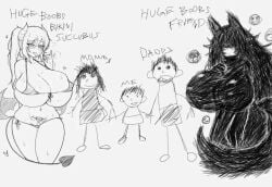 2boys 3girls artist_request creature drawing drawn eldritch_abomination eldritch_horror horns huge_breasts pubic_tattoo succubus tongue_out