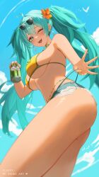 1girls anska big_breasts bikini brazilian_miku breasts denim_shorts drink female female_only hatsune_miku hotpants latin_american_hatsune_miku_(meme) long_hair outdoors short_shorts shorts solo sunglasses teal_hair thighs twintails vocaloid waist_chain wink