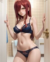 ai_generated bathroom brown_eyes disgusted erza_scarlet lingerie panties red_hair