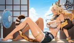 ai_generated ayakonarts fan genshin_impact hot ice_cream indoors jaguar_ears jaguar_girl nipples sky sweat xilonen_(genshin_impact)