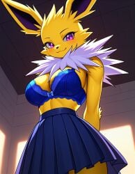 ai_generated big_breasts blue_bra blue_skirt breasts cleavage eeveelution female female_focus female_only furry jolteon kemonogirls large_breasts nintendo pleated_skirt pokemon pokemon_(species) purple_eyes school_uniform solo two_tone_body two_tone_fur white_fur yellow_fur