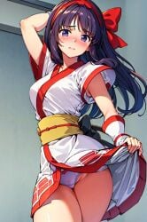 1girls ai_generated ainu_clothes arm_behind_head big_breasts blush busty cameltoe clothes_lift embarrassed fingerless_gloves hair_ribbon hi_res king_of_fighters legs lifted_by_self long_hair nakoruru panties pose posing presenting_panties purple_eyes purple_hair samurai_shodown snk solo thighs