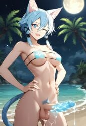 1futa ai_generated animal_ear_fluff animal_ears armpits balls beach bikini_top bikini_top_only blue_hair bottomless bottomless_futanari breasts cat_ears cat_tail catgirl confident cowboy_shot cum cum_drip cum_dripping_from_penis cum_on_balls cum_on_penis cum_on_thighs dark_cultist dickgirl erect_penis erection eyepatch_bikini futa_only futa_sans_pussy futanari hands_on_hips huge_cock kemonomimi looking_at_viewer medium_breasts moon moonlight mostly_nude navel night night_sky nipples outdoors palm_tree palm_trees penis self_upload short_hair sidelocks smile solo solo_futa standing tail water wink