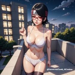 1girls ai_generated cleavage female female_only looking_at_viewer naruto naruto_(series) naruto_shippuden no_sex not_porn petite safe sarada_uchiha short_hair underwear untoldaicreations untoldcreate