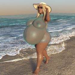 1girls 3d beach belly big_belly big_breasts blonde_hair breasts female hat huge_belly huge_breasts hyper_pregnancy linea_nigra nipples nipples_visible_through_clothing outie_navel pregnant solo sunglasses translucent_clothing wrinklessb