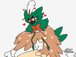 1boy 1girls anthro avian beak bird brown_eyes brown_feathers clitoris decidueye feathers female female_decidueye flat_chested flora_fauna heart hood interspecies looking_at_viewer male markings nintendo one_eye_closed open_mouth orange_markings owl penis plant pokemon pokemon_sm pussy sex silvera smile text thekatdragon49 video_games vines white_background wings